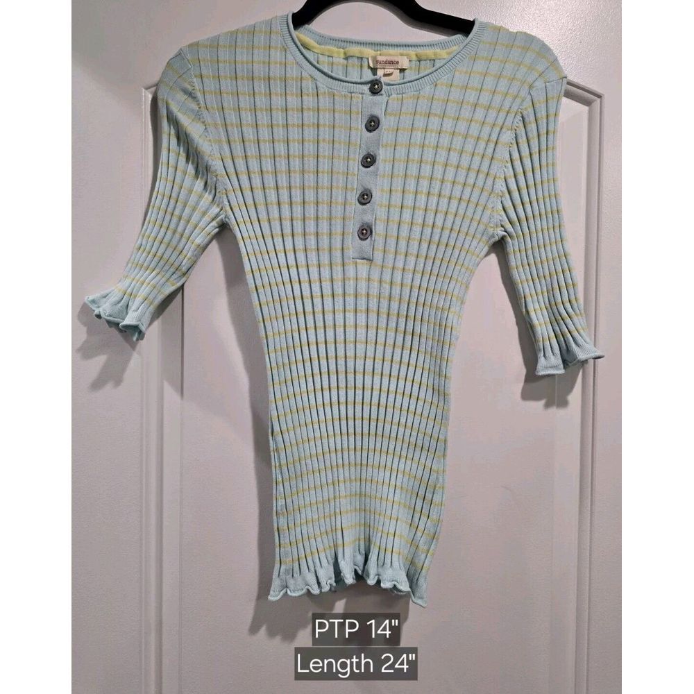 Sundance Cotton Ribbed Striped Long Sleeve Top Blue/ Yellow Petite Medium EUC